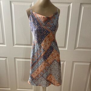 Patchwork Spaghetti Strap Dress - Orange and Blue